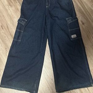 Vintage 90s Dark Blue Denim wide leg Cargo Pants.